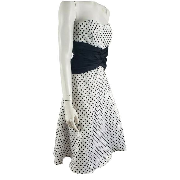 Niki Livas Pin Up Fit Flare Dress Polka Dot Ruched Bandeau Sash Strapless White - Picture 3 of 11